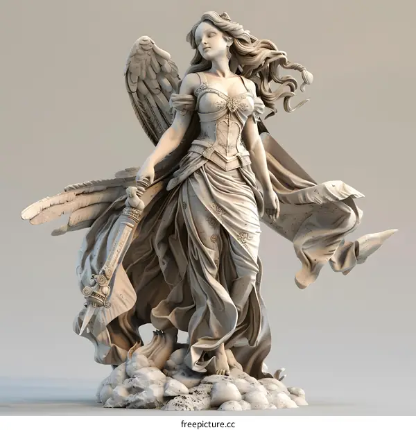 An angel with a sword stands on a rock