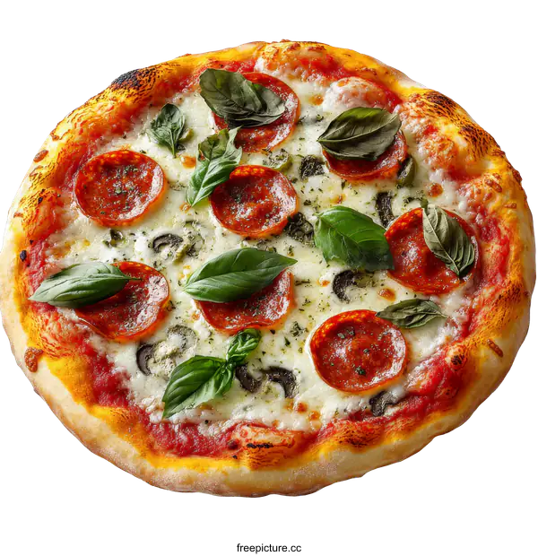 [Transparent Background PNG]Delicious Pepperoni Pizza with Fresh Basil