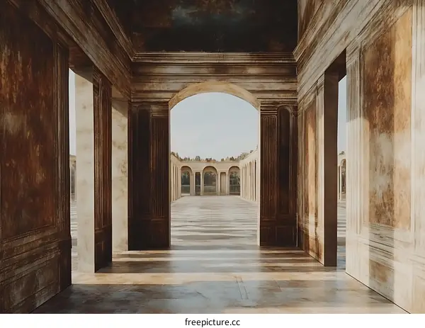 Old Architecture With Arched Walkways And A View To The Backyard