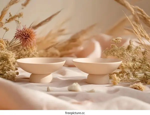 Minimalist Aesthetic Two Empty Bowls With Dried Flowers And White Fabric