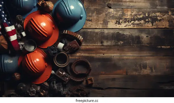 Labor Day background with American flag and hard hats