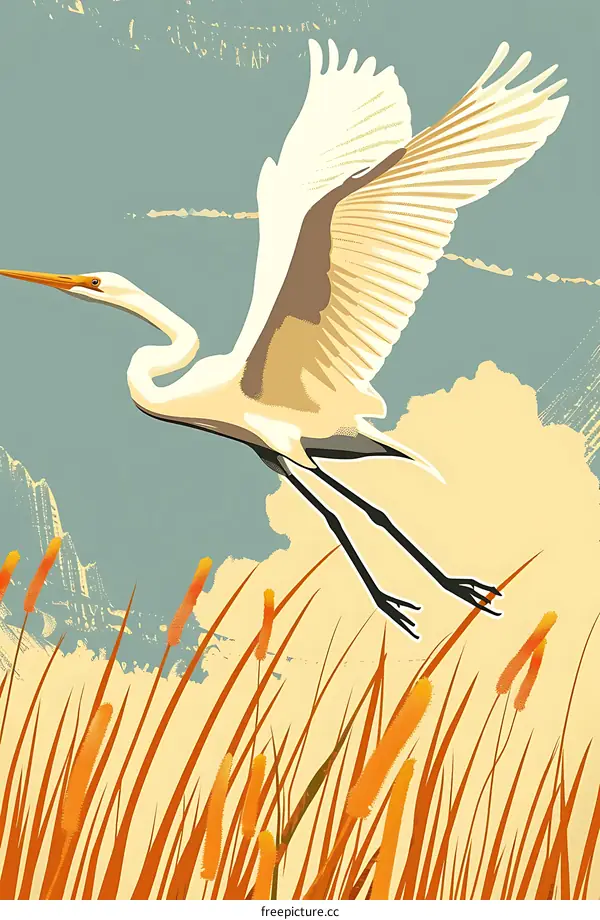 White Egret Flying Over Grass And Sky