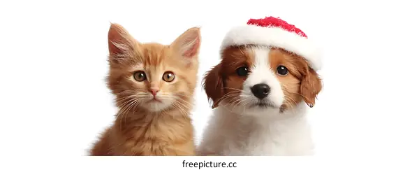 Cute Kitten and Puppy Wearing Christmas Hats