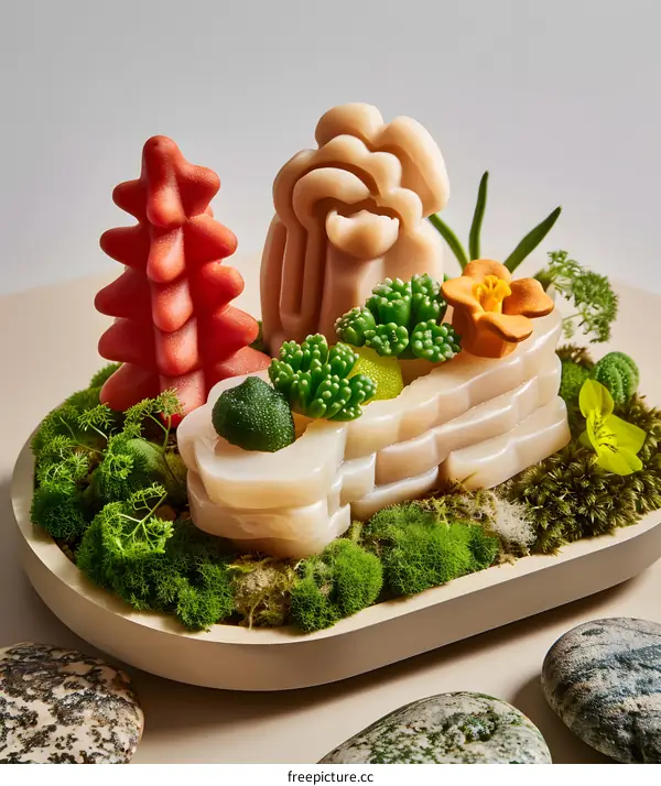 Miniature Garden with Moss, Succulents, and Stones