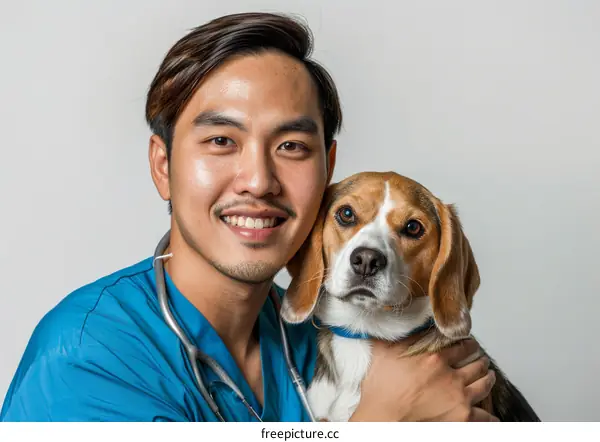 Asian male veterinarian smiling with stethoscope and beagle