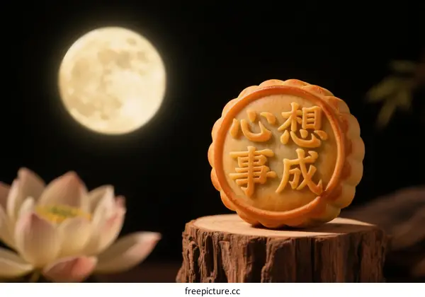 Mooncake with 'Dreams Come True' Inscription Under Full Moon