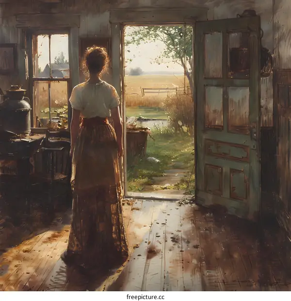 A woman standing in a doorway looking out at a field
