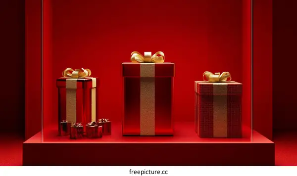 Three Red Gift Boxes in a Display Case