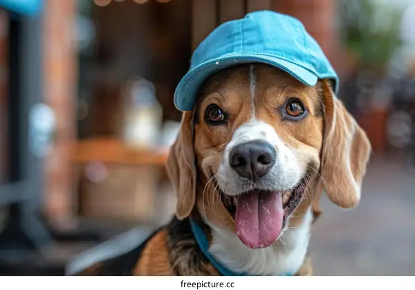 A happy beagle dog wearing a blue hat