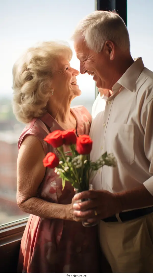 An elderly couple is holding a bouquet of red roses and smiling at each other.