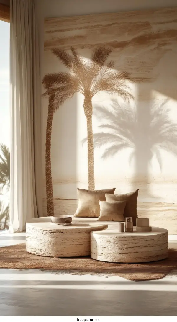 Beige Living Room Interior Design with Tropical Palm Trees