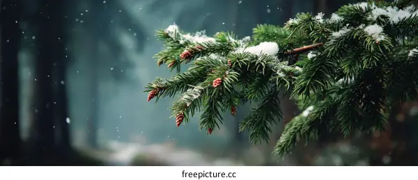 Snowy Winter Fir Branch in Forest