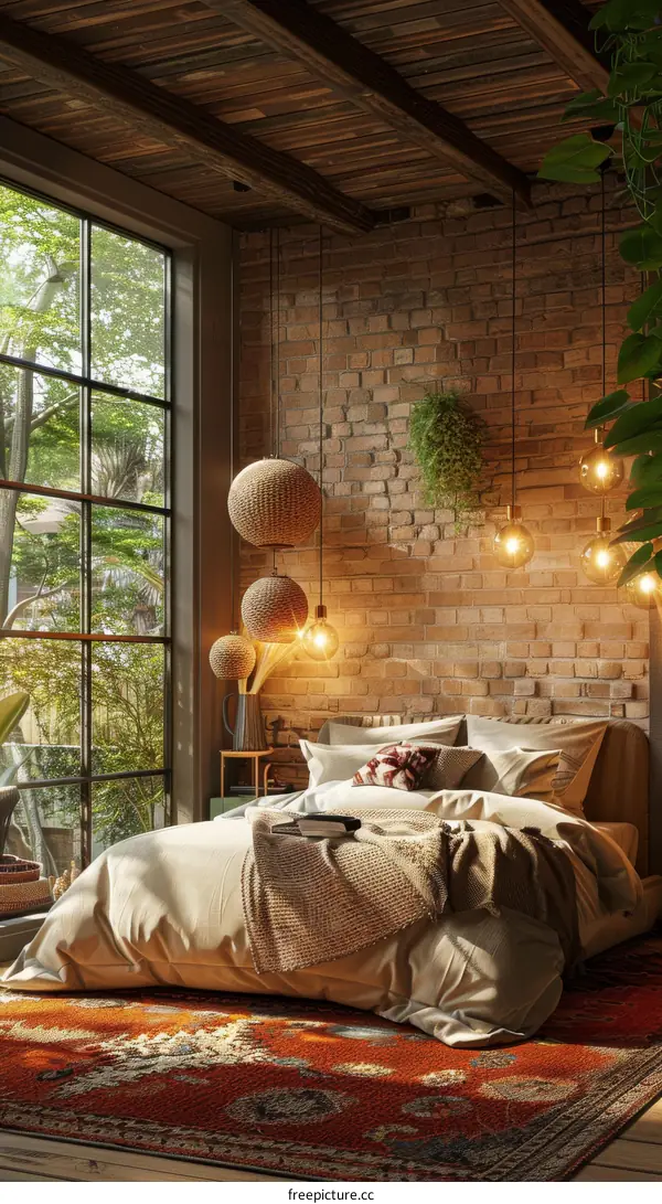 Rustic Bedroom with Warm Lighting and Natural Elements