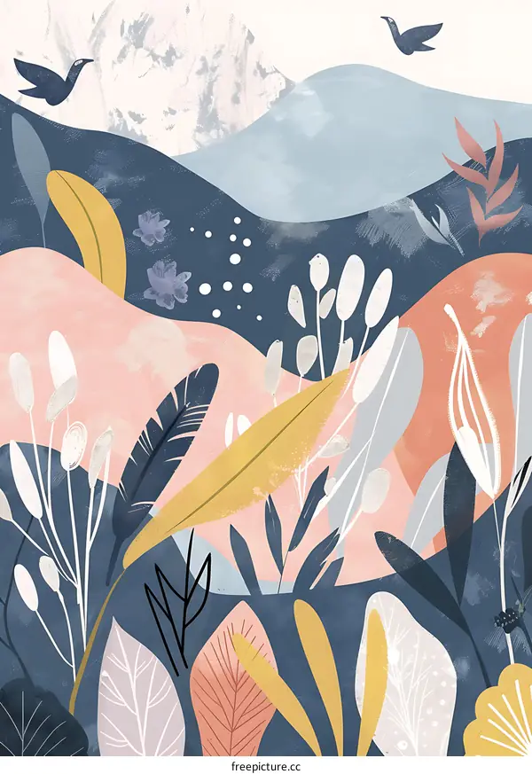 Abstract Floral Illustration with Birds Flying Over Hills
