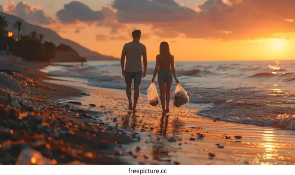 A couple is picking up litter from a beach at sunset.