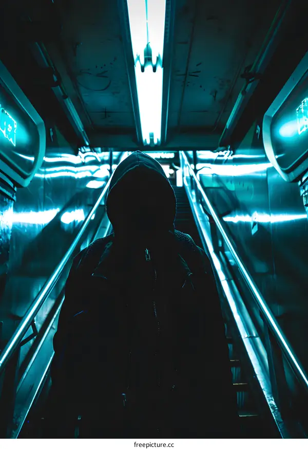 Mysterious Person Walking Up Escalator in Underground Tunnel