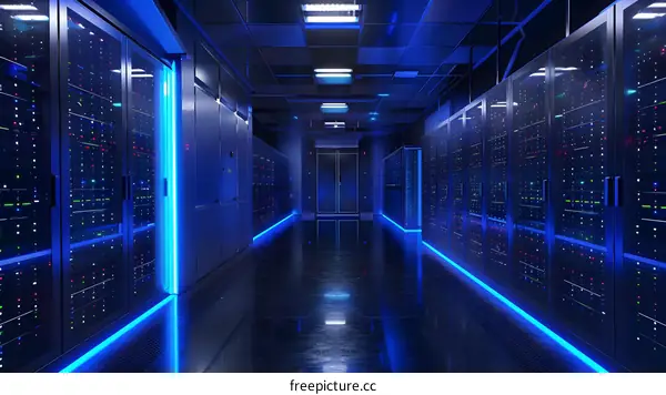 Blue server room with bright lights