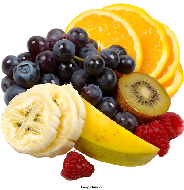 [Transparent Background PNG]Fresh Fruit Platter with Banana, Orange, Grape, Kiwi, and Raspberry