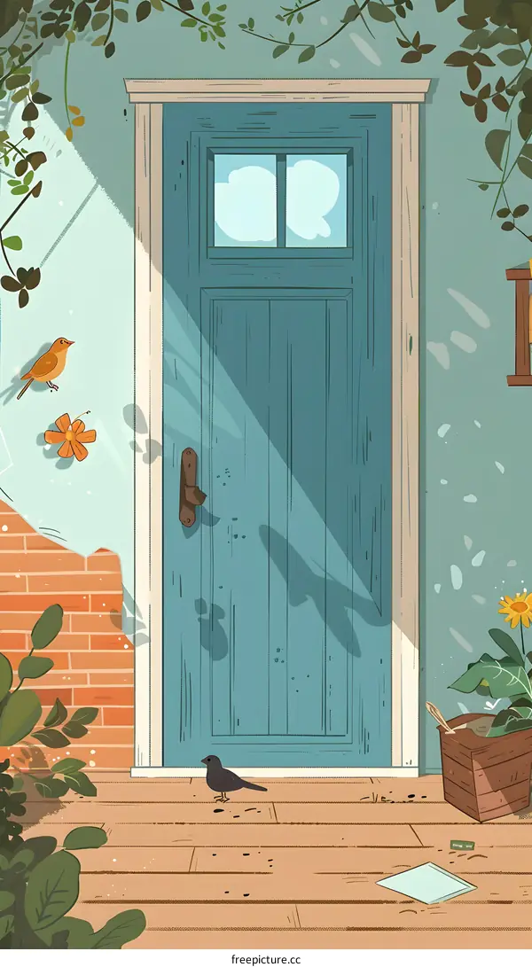 Blue Door with Birds and Flowers Illustration