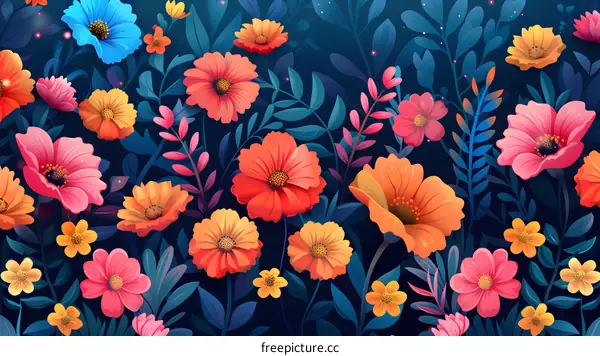 Vibrant and colorful floral pattern with a dark blue background