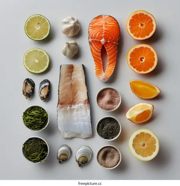 Various seafood and citrus fruits