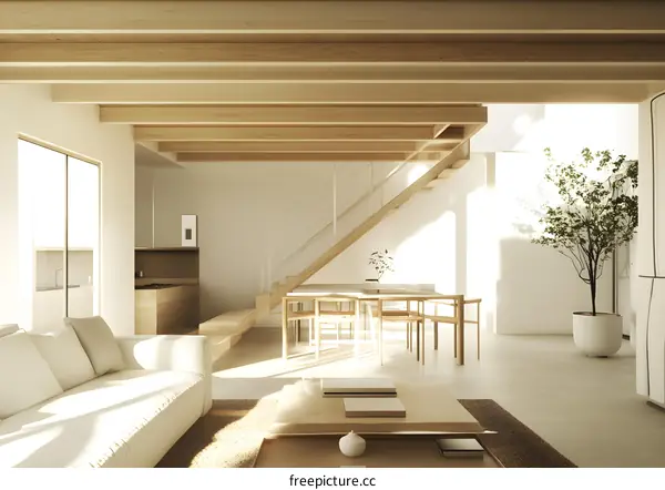 Modern Minimalist Living Room Interior Design with Wooden Beams and Staircase