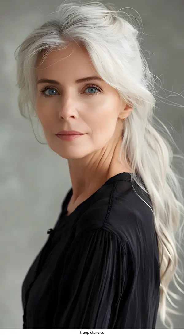 Beautiful Mature Woman with Grey Hair Looking at the Camera