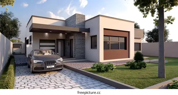 Modern Minimalist House Design with Brick Accents and a Car in the Driveway