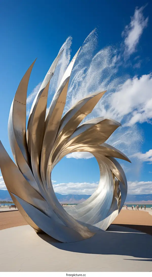Swirling metal sculpture that shoots water into the air