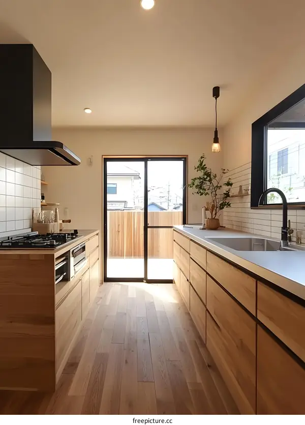 Modern Kitchen Interior Design With Wooden Cabinets And Sliding Glass Doors