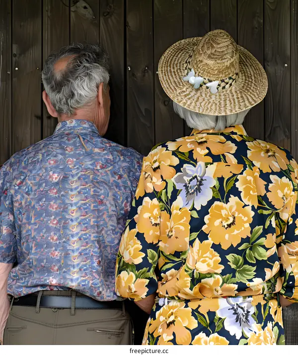 Elderly Couple Standing Back to Back With Floral Shirts