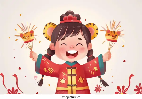 A cute cartoon girl in a red cheongsam celebrates the Chinese New Year