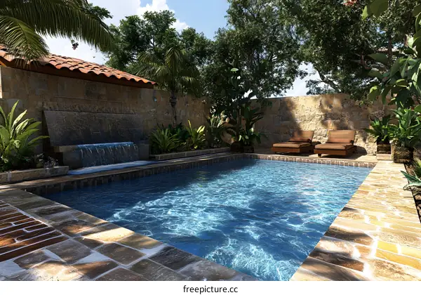 Luxury Swimming Pool With Waterfall And Stone Wall