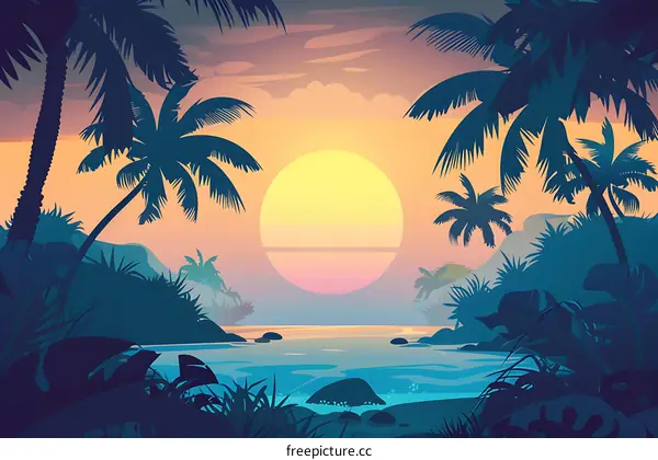 Tropical Sunset Landscape Illustration