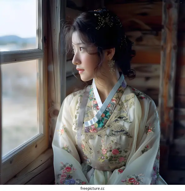 A beautiful Korean woman wearing a hanbok is looking out the window