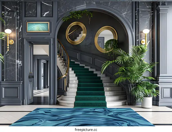 Luxury Home Interior With Green Carpet Stairs And Marble Walls