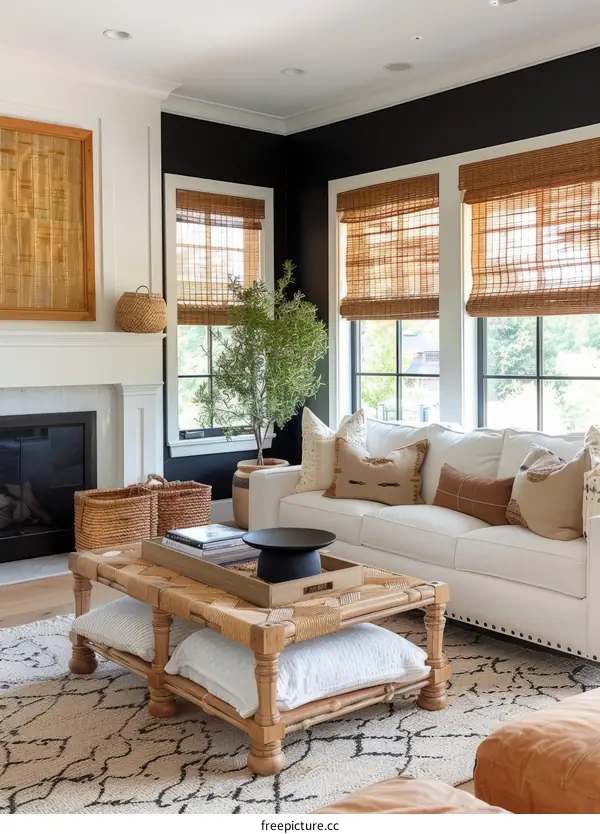 A Beautiful Living Room With Fireplace and Large Windows