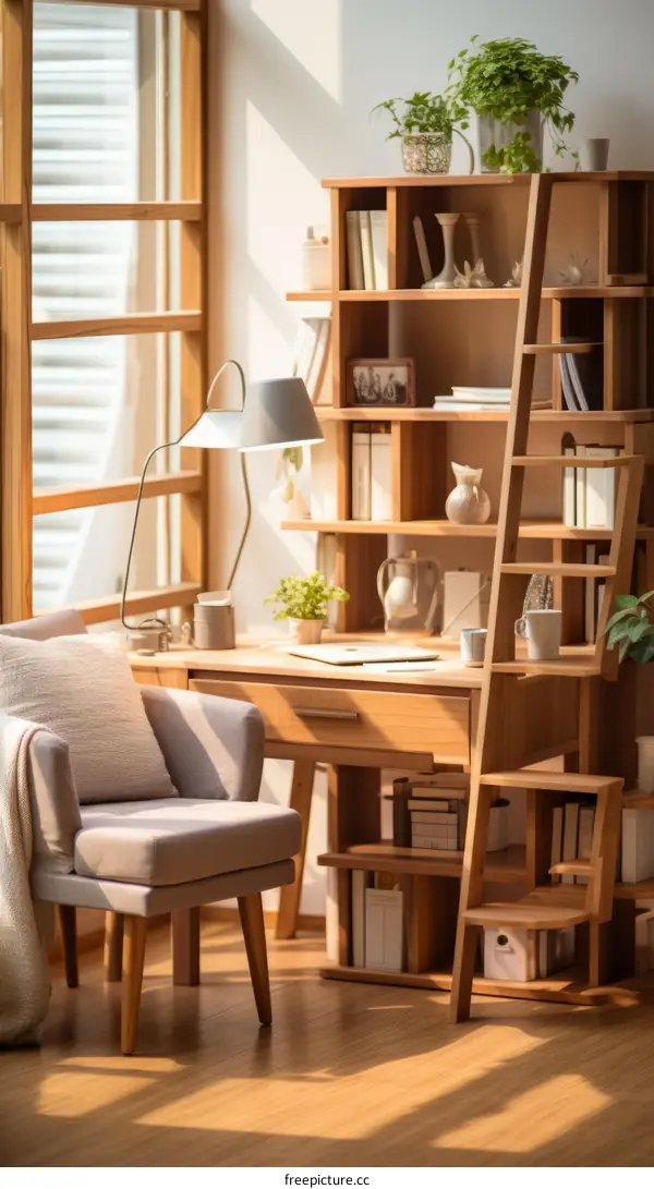 A cozy home office with a large wooden bookshelf, a desk, and a comfortable chair