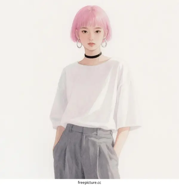 Young Woman with Pink Bob Hair Wearing White T-shirt and Gray Trousers
