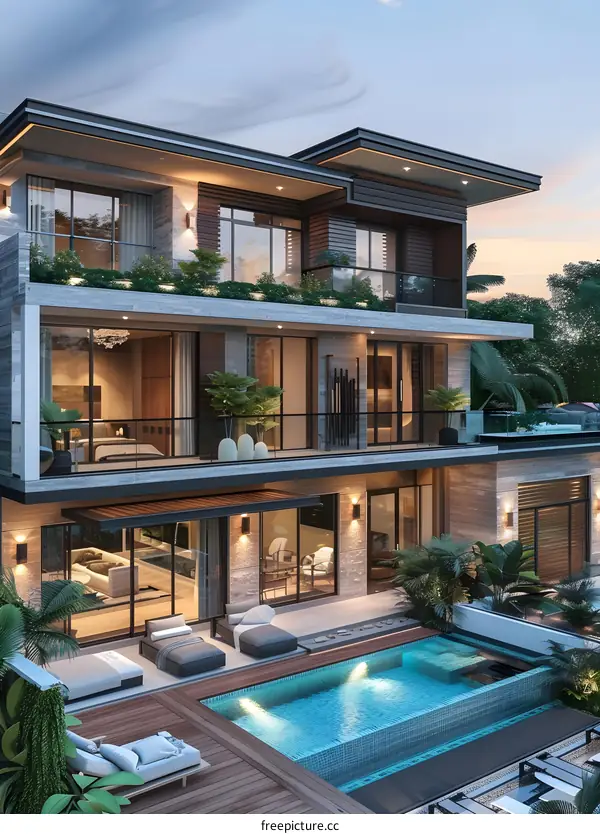 A modern villa with a pool