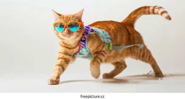 Cat wearing sunglasses and a colorful vest