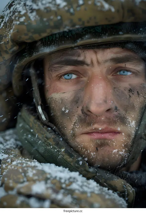 Portrait of a soldier with blue eyes and a dirty face