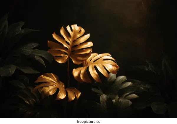 Golden Tropical Leaves Dark Background