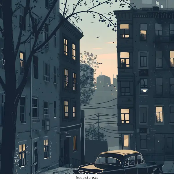 Vintage Cityscape Illustration with a Car