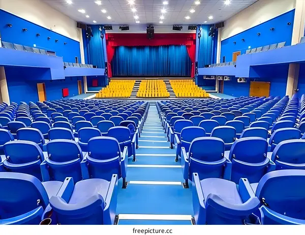 Empty Auditorium with Blue Seats and Stage