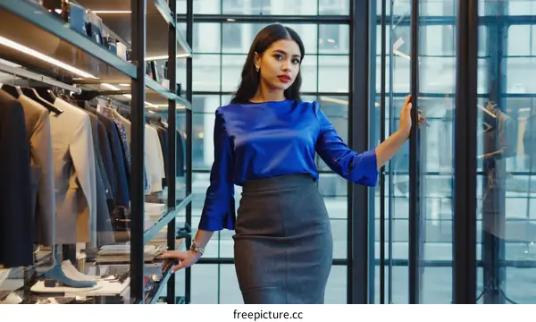 Confident Business Woman in Elegant Blue Top and Gray Skirt