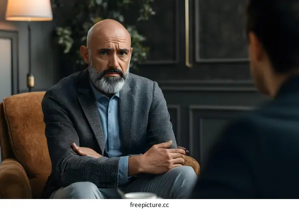 Serious Man in Grey Blazer Listening to Another Man in a Meeting