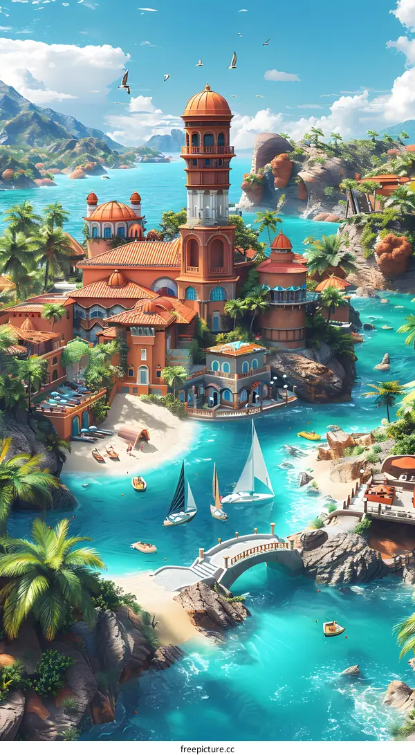 fantasy island paradise with blue ocean and palm trees