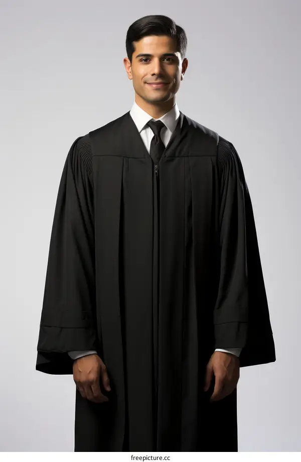 A young male judge wearing a black robe and white tie