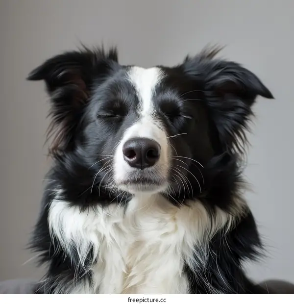 A black and white Border Collie dog with eyes closed